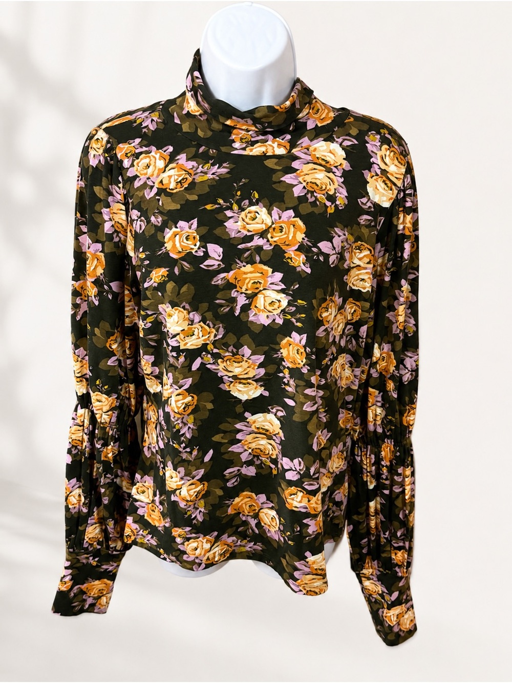 Anthropologie Floral Mock Neck Blouse Size L Bishop Sleeve Rose Print Top